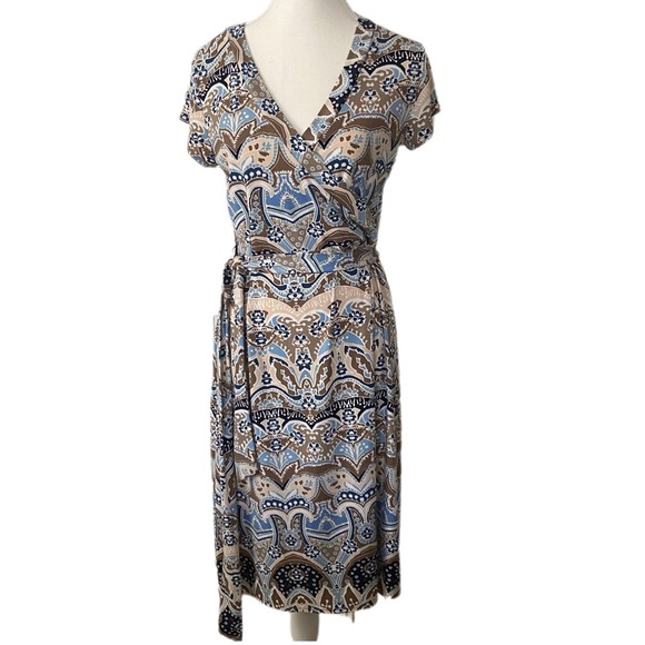 Axcess by Liz Claiborne Blue and Brown Patterned Faux Wrap Dress Size Medium - Picture 1 of 12